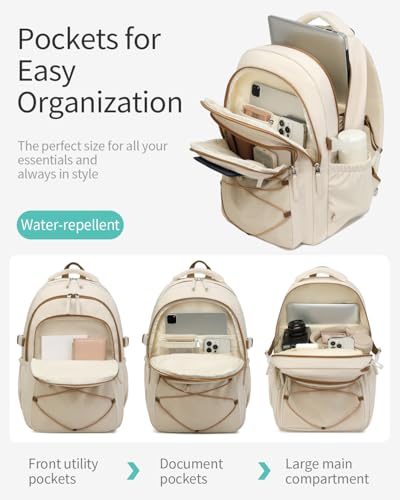 Image of Teen Girls Backpack School Bag, 15.6in Laptop Backpack for Women Work Commuter, Aesthetic College Bookbag for Students, Beige