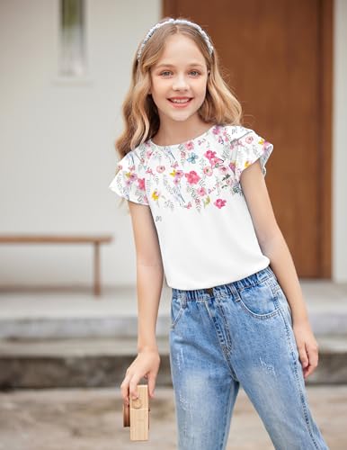 Image of Girls T Shirts Ruffle Short Sleeve Round Neck Loose Blouse Summer Solid Color Casual Girl Tee Tops for 3-12 Years