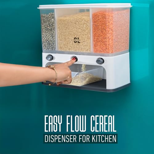 Image of 6000 ML 3-Grid Rotating Food Dispenser | Wall Mounted Airtight Grain Storage Container | One-Click Push Button Easy Flow Rice, Pulses & Cereal Dispenser | Transparent Kitchen Organizer