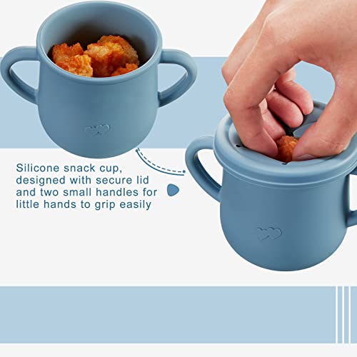 14 Pack Baby Feeding Set, Silicone Baby Led Weaning Feeding Supplies With Suction Bowl Divided Plate Adjustable Bib Soft Spoon Fork Snack Cup With Lid Drinking Cup, Utensil (Blue, Grey) #TOP4