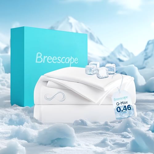 Breescape Cooling Sheet Set King Size - BlendTek™ Dry & Cool Technology for Hot Sleepers and Night Sweats, Q-Max>0.46 Tech, Deep Pocket Up to 18", 360° Elastic Band, Snow White