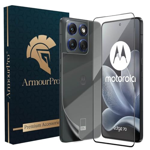 Image of ArmourPro Tempered Glass for Motorola Edge 70 with Back Clear Membrane Guard, Edge to Edge Screen Protector, Anti-Bubble, Anti-Fingerprint, Oil Resistant, Installation Kit | Black