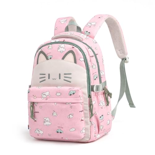 Image of PALAY School Bag for Girls Pink Nylon Backpack Cute Cat Waterproof Bookbag Kawaii Cartoon Printed Daypack Large Capacity Multi-pockets Bagpacker Bag for Primary, Elementary, Middle School