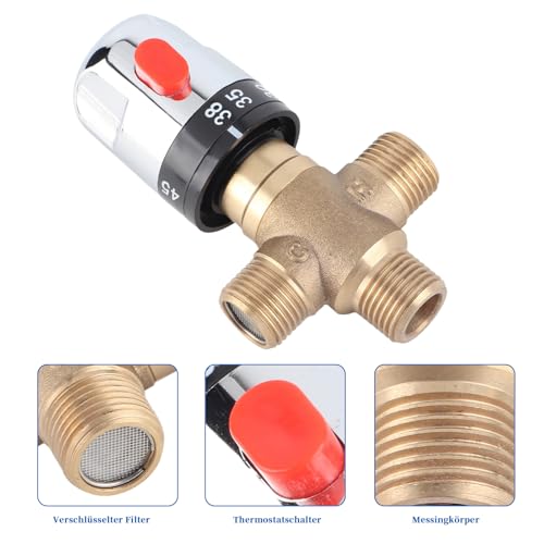 Thermostat Mischventil, 3 Wege Solid Messing Thermostatmischer, G1/2 Thermostatisches Mischventil 11,67 L/Min Durchfluss für Duschsystem Badezimmer Rohr Becken Warmwasser