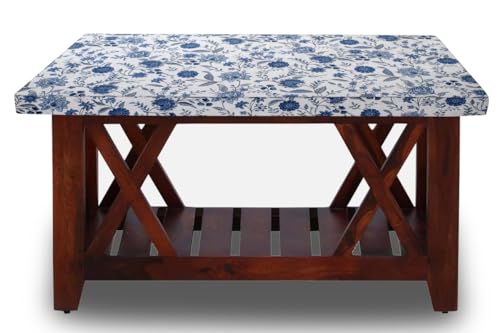 Image of The Furnishing Tree Elastic Cotton Square Center Table Cover 40x40 in Inches Floral Blue on White Base