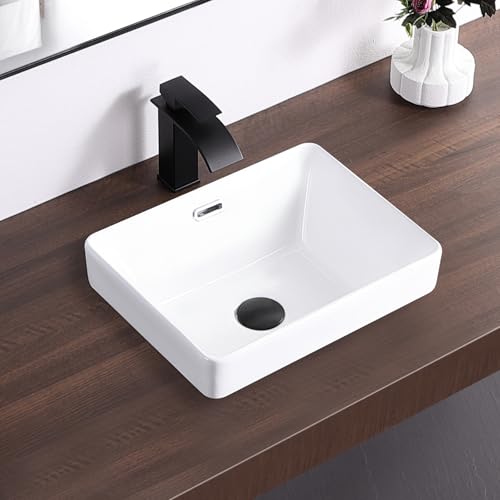 KARAMAG Small Bathroom Vessel Sink 15.5'' x 11.9'' Semi Recessed Bathroom Sink Rectangular Drop-in Vanity Sink with Overflow White Ceramic Modern Art Basin