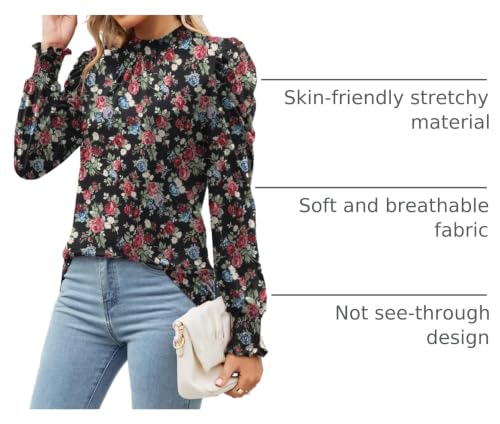 Image of LUYAA Puff Long Sleeve Shirts for Women Tops Dressy Casual Frill Mock Neck Smocked Cuffs Blouses
