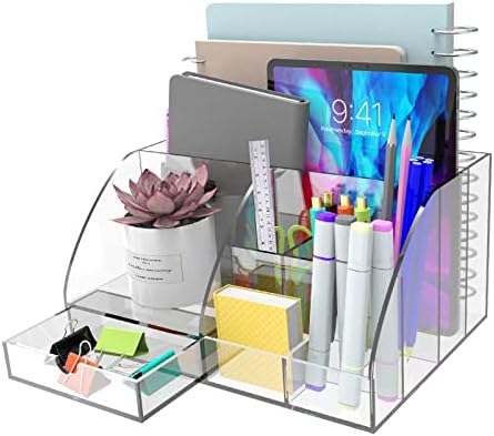 HOPECK Desk Organizer Office Accessories, Acrylic-Functional Desk Organizer with 8 Compartments and 1 Drawer for Home, Office, School, Workshop, kitchen (Clear)