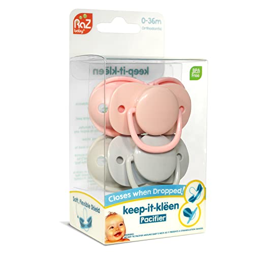 Image of RaZbaby Keep-It-Kleen Baby Pacifier 2-Pack Closes When Dropped - BPA-Free Silicone Orthodontic Nipple, Ideal for Travel, Nipple Stays Clean, 0-36 Months - Pink /Grey