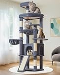 Taoqimiao 72IN=183CM Cat Tree for Large Cats, Multi-Level Tall Cat Tower, Widened Cat Condo with Large Scratch Board, 5 Scratching Posts, Metal Hammcock, Cozy Basket, Smoky Gray, MS045G