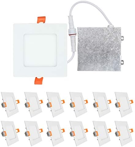 OSTWIN (12 Pack) 9W (45 Watt Repl.) 4 inch IC Rated LED Recessed Low Profile Slim Square Panel Light with Junction Box, Dimmable, 4000K Bright White 630 Lm. No Can Needed ETL & Energy Star Listed