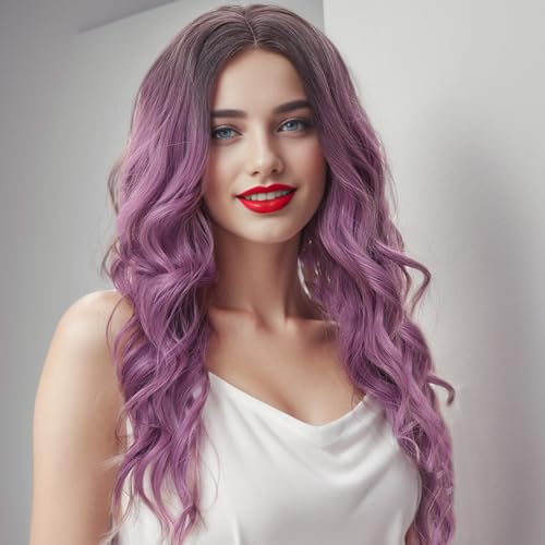 BUYOGET Long Wavy Wig Purple Natural 24-inch Adjustable Comfortable Breathable Long Wigs for Women Cosplay Parties Daily Wear