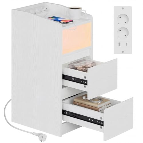 IRONCK Nachttisch Schmal Beistelltisch mit Ladestation und LED Bedside Table mit Offenem Fach für Schmale Räume Schlafzimmer Wohnzimmer Weiß