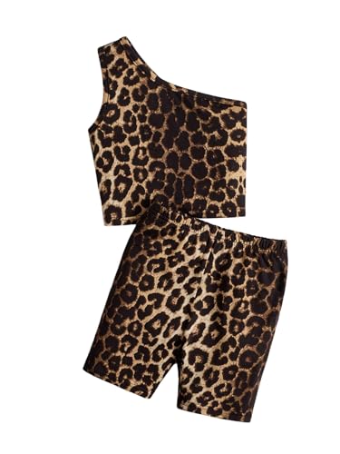 WDIRARA Conjunto de 2 peças de shorts de motociclista de ombro único leopardo para meninas, Multicor