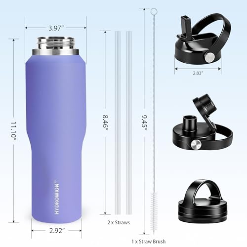 Image of HYDROWION 40 oz Insulated Water Bottle with Straw fit in Car Cup Holder(Cold 48 hrs, Hot 24 hrs) Drinking Bottle with Straw Lid, Spout Lid and Flex Cap Leakproof Travel Thermo Mug,Purple