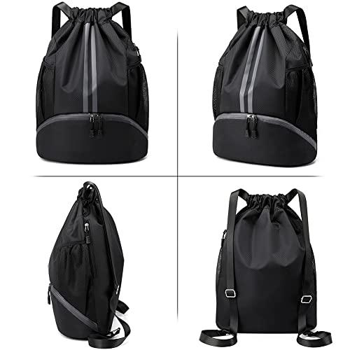 Veki Mochila Deportiva Cuerdas para Mujer Hombre, Bolsa de Cuerdas con Compartimento de Zapatos, Bolsa de Deporte Cordón, Bolso de Fútbol, Gimnasio Mochila para Senderismo, Viaje, Playa (Negro) - imagen 4