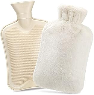 Hot Water Bottle with Cover, 2L Large Capacity, Premium Natural Rubber Hot Water Bag Cover, Furry Faux Fur Warm Water Bottle -Hot Water Bag for Pain Relief, Great Gift Idea,White,1Pcs