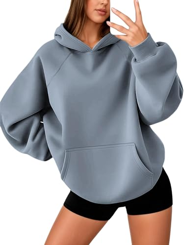 Oyamiki Ladies Hoodies Oversized Hooded Sweatshirt Long Sleeve Blue Hoodie Fleece Sweater Trendy Basic Pullover Tops M