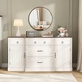 Maupvit Buffet Cabinet with Storage, 58'' Large Sideboard Buffet with 5 Drawers and 2 Doors, Adjustable Shelves, Farmhouse Wood Coffee Bar Table Storage Cabinet for Dining, Living Room, Kitchen(White)