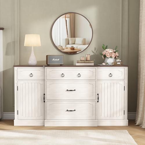 Maupvit Buffet Cabinet with Storage, 58'' Large Sideboard Buffet with 5 Drawers and 2 Doors, Adjustable Shelves, Farmhouse Wood Coffee Bar Table Storage Cabinet for Dining, Living Room, Kitchen(White)