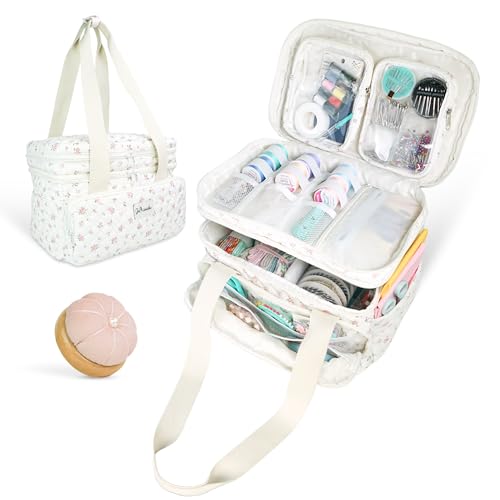 Image of Double Layer Sewing and Craft Supply Organizer w /Customizable Dividers & Removable Pouches - Sewing and Craft Bag w /Pockets & Organizational Compartments -Including Pin Cushion