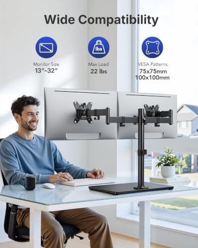 Image of HUANUO Free Standing Dual Monitor Stand for 13-32 Inch Monitors, Glass Base