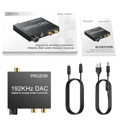 PROZOR 192KHz Digital to Analog Audio Converter Optical to RCA Adapter Upgrade Volume Adjustable DAC with Optical Cable, SPDIF TOSLINK to Stereo L/R & 3.5mm Jack Converters