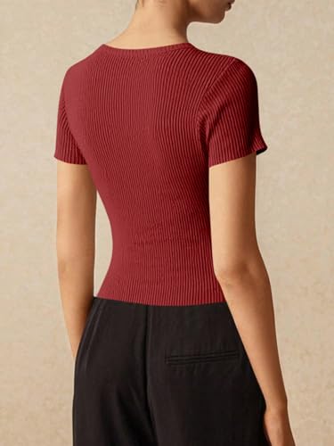 Image of Imily Bela Womens Short Sleeve Sweater Tops Summer Button Down Casual Ribbed Knit Slim Fit Cropped Cardigan Shirts