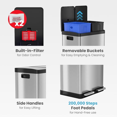 Image of iTouchless 16 Gallon Dual Step Trash Can and Recycle Bin with Lid, Stainless Steel Kitchen Garbage 2 Compartment Sorting, Odor Control Filter, AirNova Silent Close, Fingerprint-Proof, Matte Silver