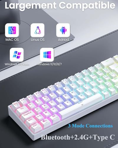 Clavier Gamer Mécanique sans Fil RGB Rétroéclairé, 65% TKL Clavier Gaming Azerty avec Bluetooth/2.4G /Type-C, 68 Touches Anti-Ghosting Switchs Rouge pour PC/Windows/Mac/Xbox, Blanc – Image 4
