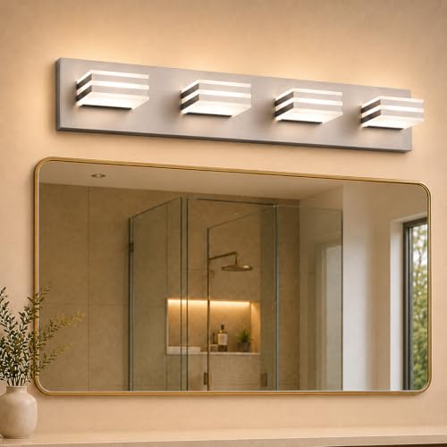 Image of 4-Light Brushed Nickel Bathroom Vanity Light, 27 Inch 32W 5CCT Dimmable LED Wall Fixture, Hardwired Over Mirror Lighting with Clear Acrylic Shade for Bathroom Remodel