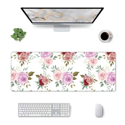 Image of Large Gaming Mouse Pad, Waterproof Extended Floral Mousepad Desktop, Big Long Non-Slip Pink Flower Mouse Mat for Laptop, Keyboard, Computer for Decor Office, 31.5 * 11.8 in