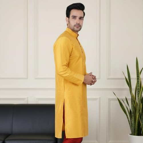 Image of Sadree Men's Silk Blend, Knee Length, Full Sleeve, Mandrin Collor, Solid Style, Attractive Colour, Solid Plain Kurtas