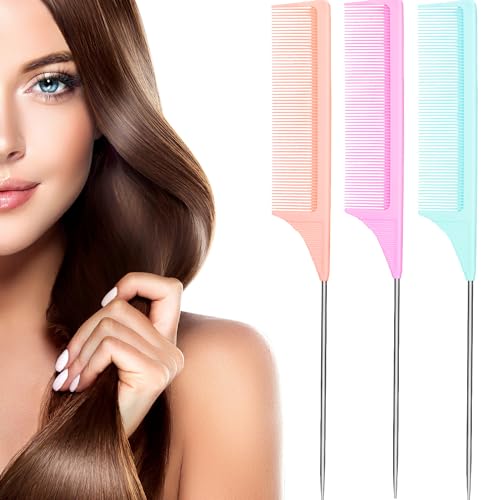 Leinuosen 3 Pack Rat Tail Comb Carbon Fiber,Light Blue,Light Pink,Purple