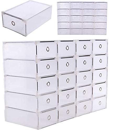 Samger Schuhboxen Kunststoff Schuhkasten Stapelbox Transparent Schuhkarton Aufbewahrungsbox 31 x 20 x 11cm für 20 Schuhe, Verstellbares Design, Einfache Montage Cover