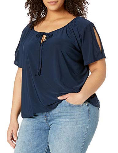 Star Vixen Women's Plus-Size Short/Slit Sleeve Keyhole-Tie Peasant Top Bubble Hem, Navy Solid, 2X