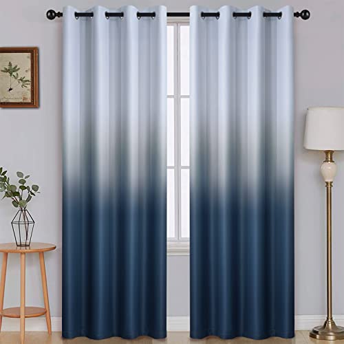 Image of SimpleHome Ombre Gradient Navy Blue White to Gray Bedroom Curtains, 52Wx84L | Room Darkening Curtains,Light Blocking Thermal Insulated Grommet Window Curtains for Living Room,2 Panels,84 Inches Length