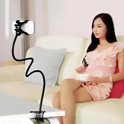 Image of MOMISY Mobile Phone Holder, 360 Adjustable Gooseneck Clamp Mount, Universal Phone Stand for Desk, Office, Home (Spring Black, 60 cm)