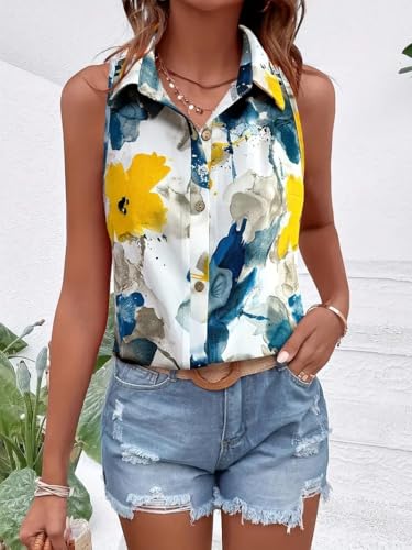 Image of Gufrina Women's Sleeveless Button Down Shirt with Abstract Floral Print in Yellow and Blue - Lightweight Casual Summer Top for Relaxed Fit
