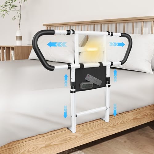 easymake Bed Rails for Elderly Adults Safety: Adjustable Bedside Assist Rails with Storage Pockets, Non-Slip Handles, Motion Sensor Light, Items for Elderly Bed Rail, 400LB Gravity Capacity