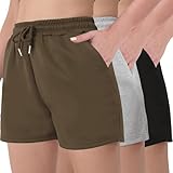 FEQO 3 Pack Women's Sweat Shorts with Pockets Drawstring Workout Lounge Shorts Casual Summer Running Clothes, Coffee, Gray, Black, XXL