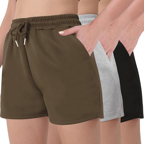 FEQO Shorts femininos de moletom com bolsos com cordão, para treino, roupa casual de corrida de verã