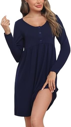 Bresdk Stillnachthemd Damen Langarm Umstandsnachthemd mit Knöpfen | Praktischer Henley-Ausschnitt mit funktioneller Knopfleiste ermöglicht schnelles und diskretes Stillen im Alltag