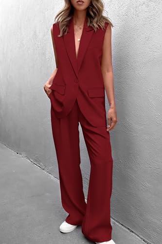 Image of PRETTYGARDEN Women's 2 Piece Outfits Sleeveless Suit Vest and Wide Leg Pants Business Casual Blazer Sets
