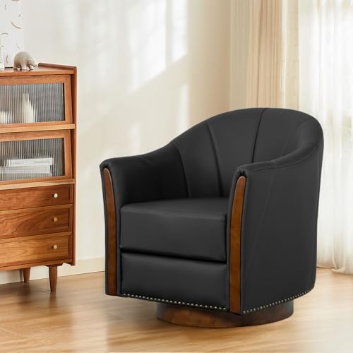 Image of Couchus 360 Swivel Accent Chair, Modern Leather Barrel Club Chair with Leather Upholstery and Sturdy Wood Base, Comfortable Armchair for Living Room, Bedroom, Reading Nook, Black