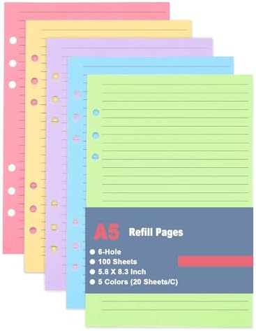 A5 Filler Paper, 6 Hole Colorful Refills, Lined Paper for 6 Ring Binder, 100 Sheets/200 Pages, 5-Color Refills Paper, Per Color 20 Sheets, Loose Leaf Planner Refill, 5.8 x 8.25 Inch image 3