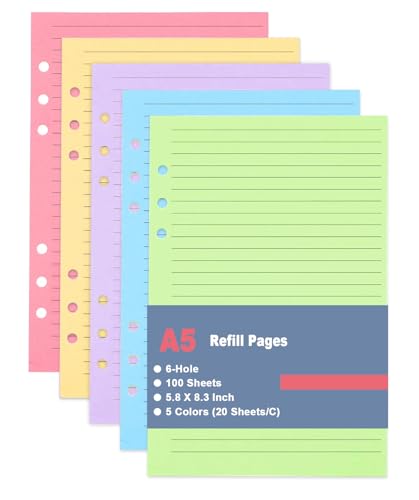 A5 Filler Paper, 6 Hole Colorful Refills, Lined Paper for 6 Ring Binder, 100 Sheets/200 Pages, 5-Color Refills Paper, Per Color 20 Sheets, Loose Leaf Planner Refill, 5.8 x 8.25 Inch