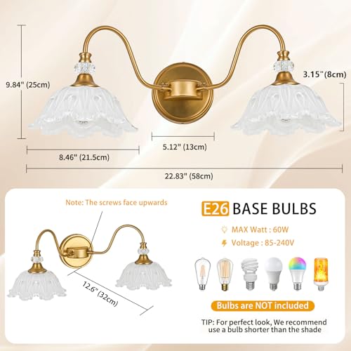 Image of Vintage Bathroom Vanity Light, 2-Light Matte Brass Finish Vanity Light with Floral White Glass Shades, Retro Wall Sconce for Bathroom, Dressing Table