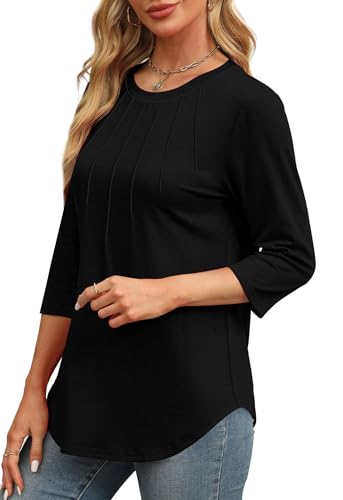 3/4 Length Sleeve Womens Tops Round Neck Casual Tunic Tops Basic Pleated Shirts Loose Fit 20254