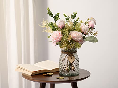 YJ Fake Flowers with Vase, Artificial Silk Roses Flower Bouquet, Faux Flower Arrangements, Farmhouse Table Decor - Image 2